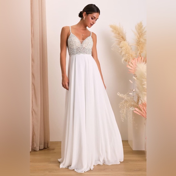 Lulus Dresses & Skirts - Lulus-True Love White Beaded Rhinestone Maxi Dress (Medium)
